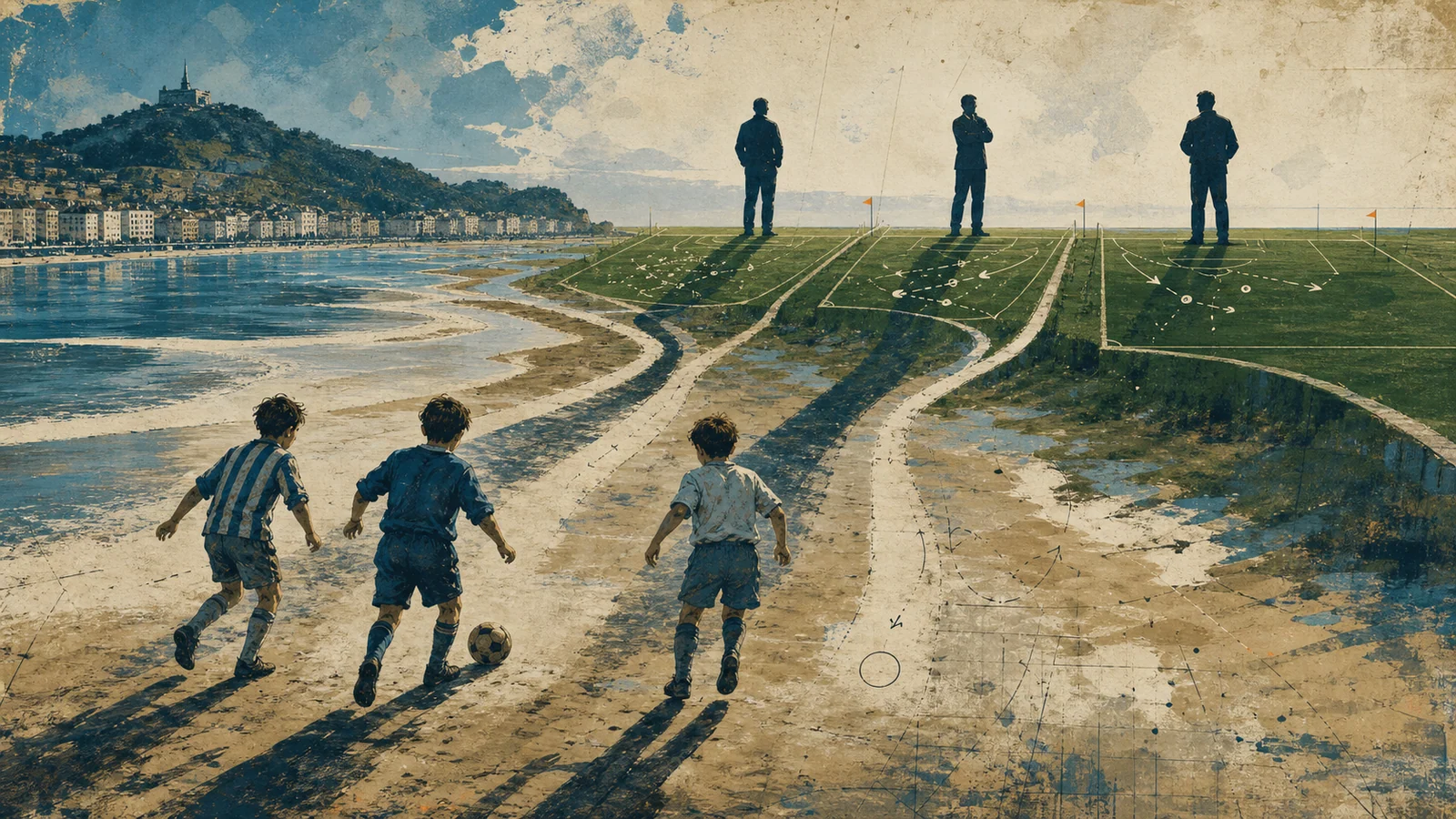 Three childhood footballers on a San Sebastian beach casting the shadows of future managers