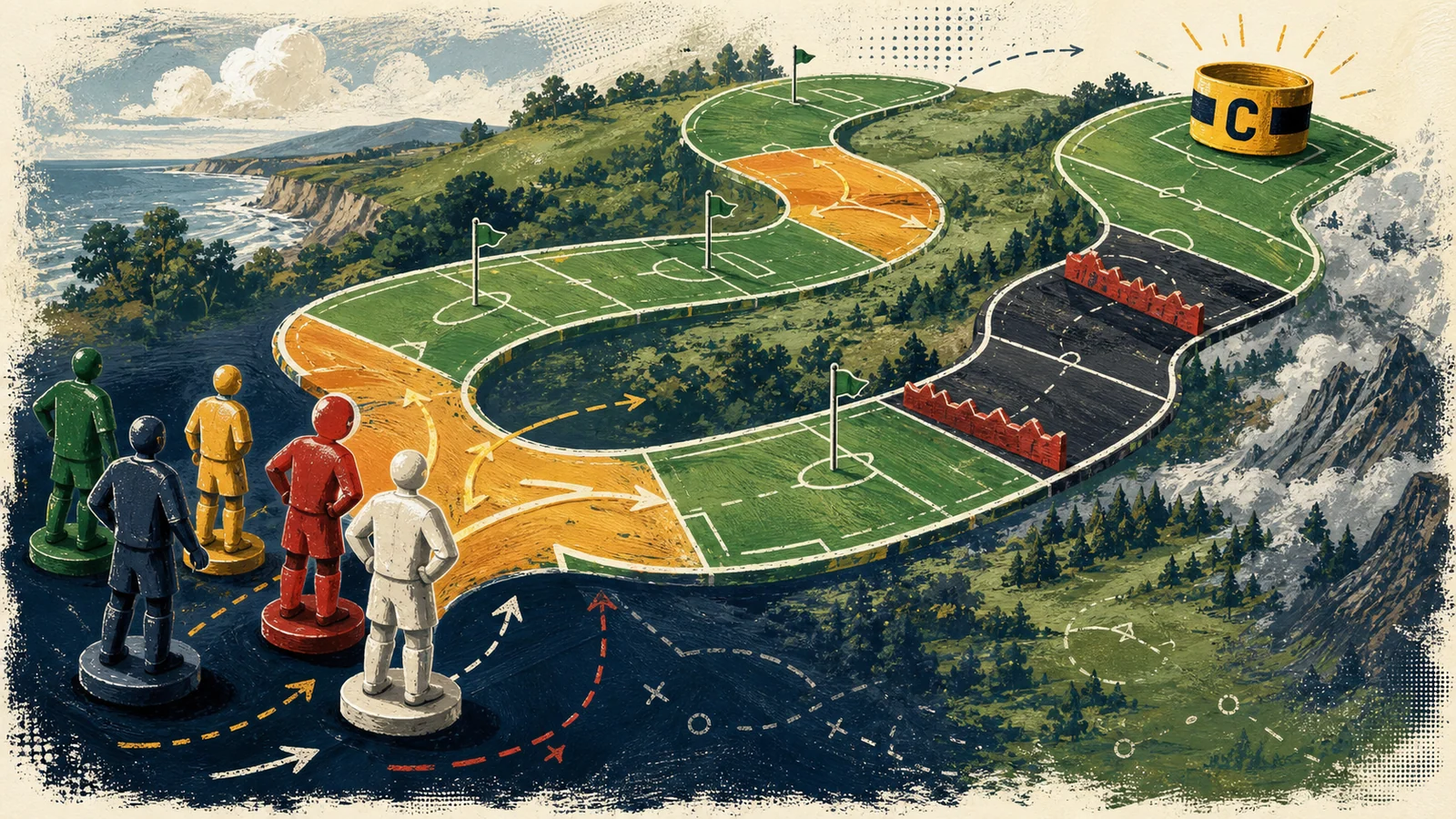 Illustrated six-stage fixture route winding between easier and harder football schedules