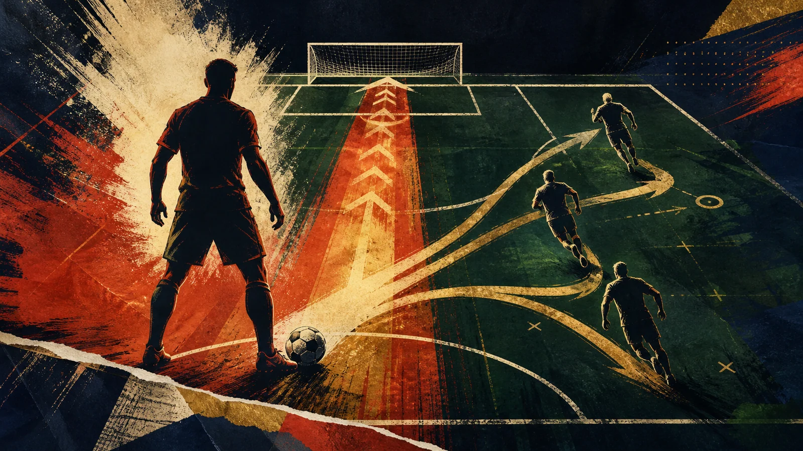 Illustrated striker facing a central scoring lane and alternative forward routes
