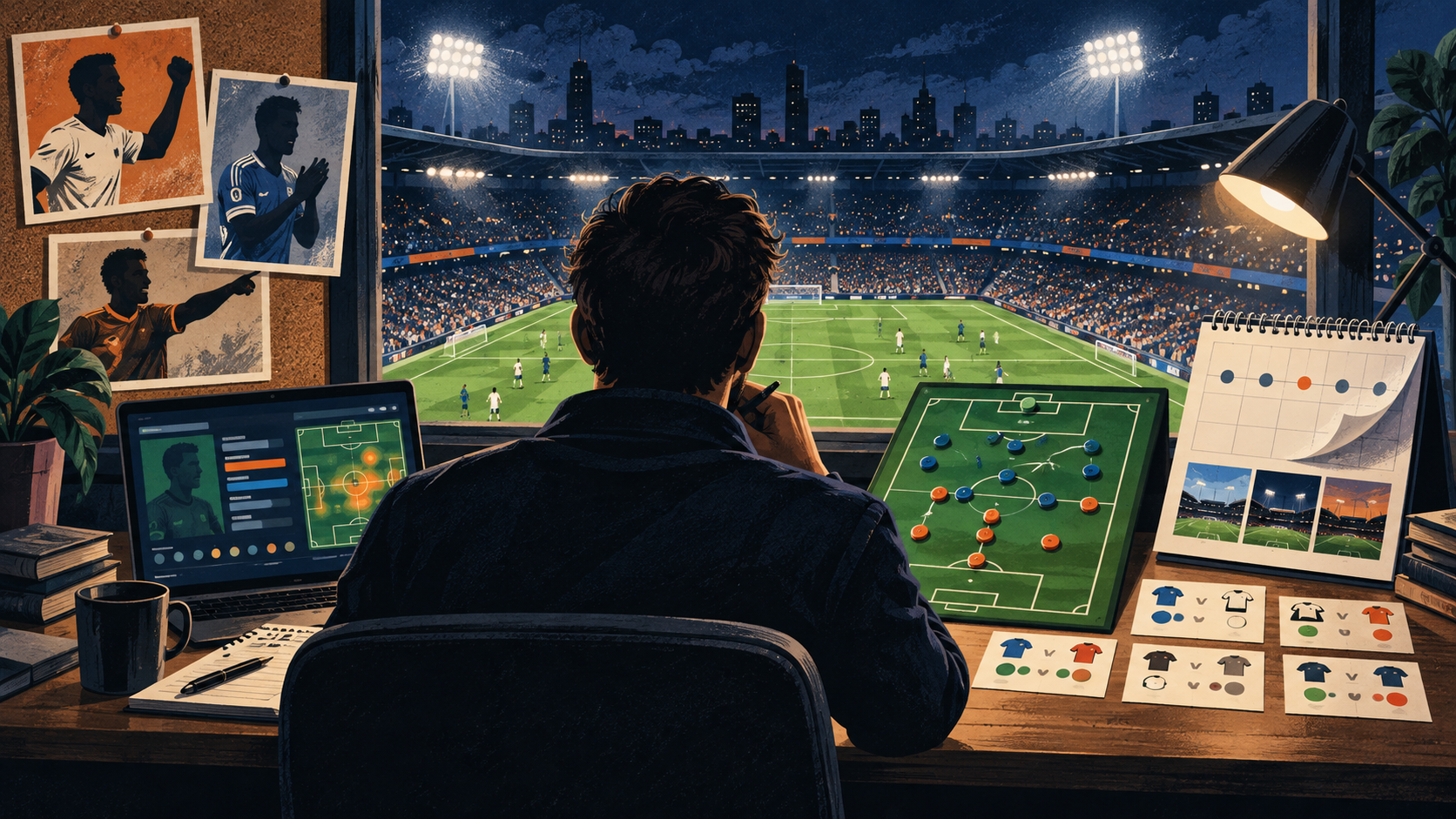 Illustrated football analyst reviewing lineup changes, match results and the next fixture round