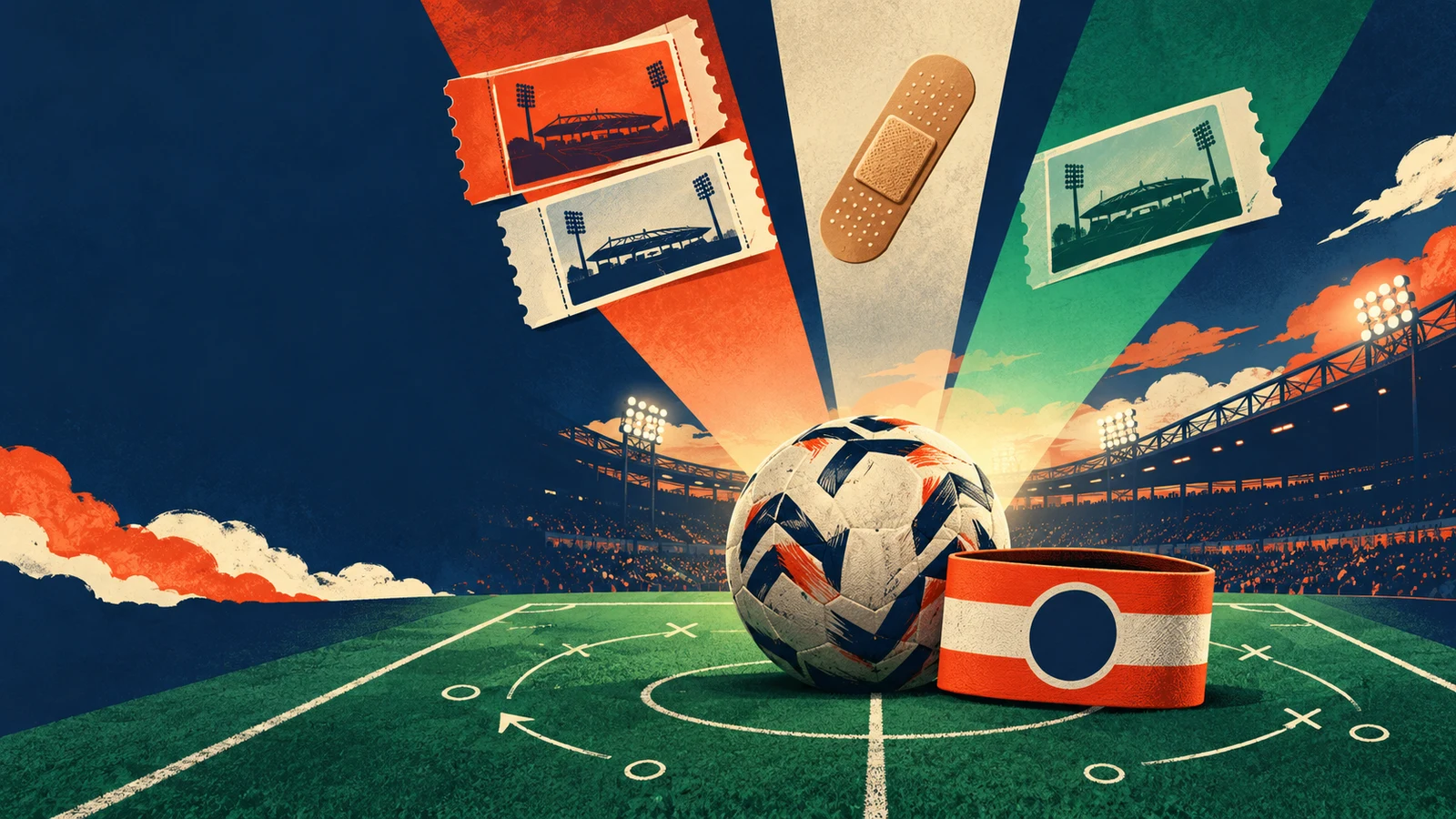 Editorial illustration of a football and captain's armband on a tactical pitch, with fixture tickets and a bandage above a stadium
