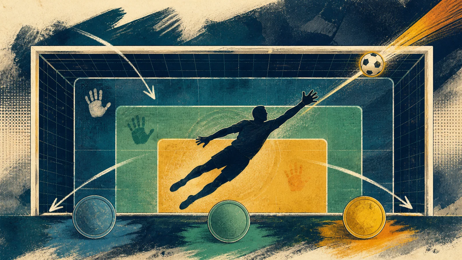 Illustrated goalkeeper diving across three nested value zones