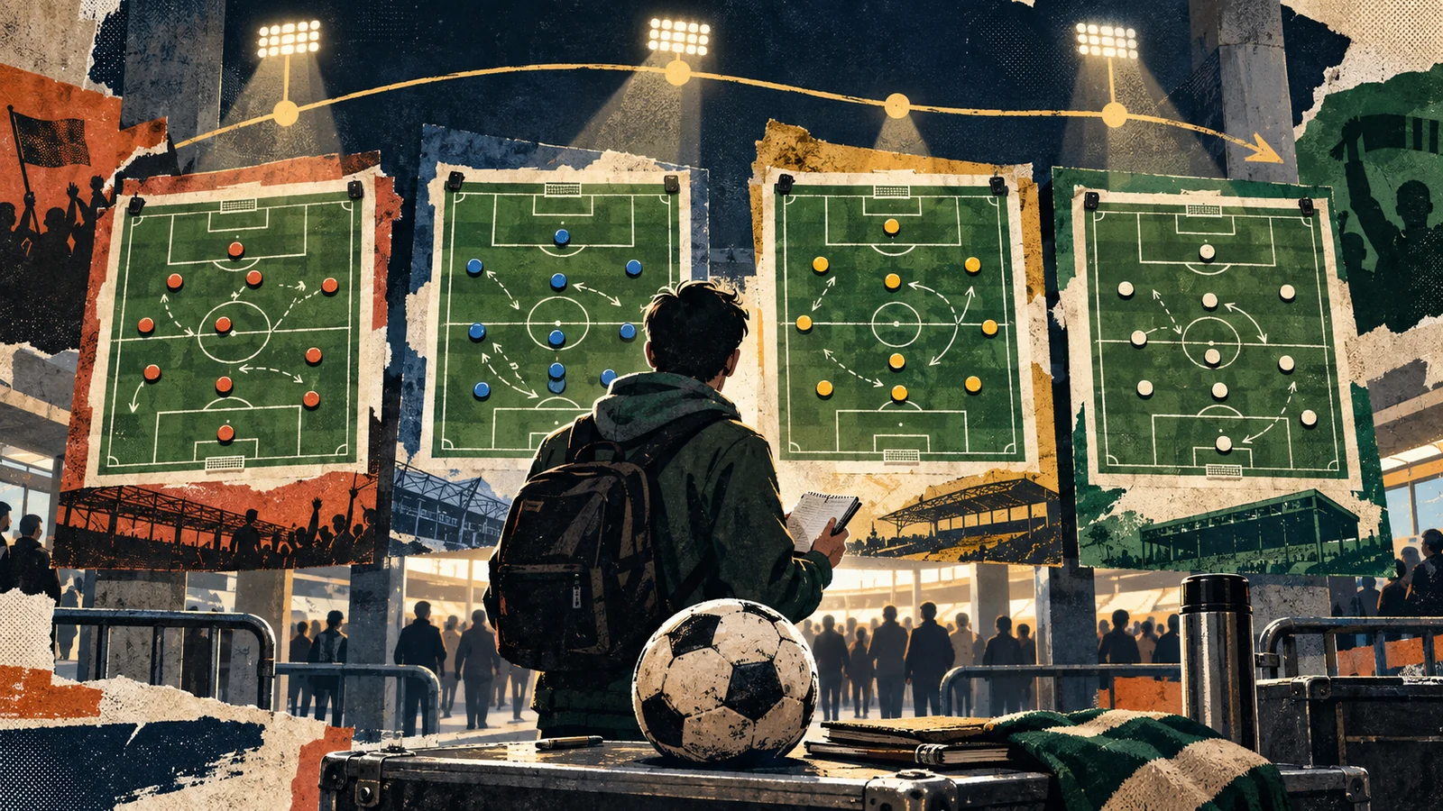 Illustrated matchday analyst comparing four separate Gameweek 2 Saturday matchups under stadium lights