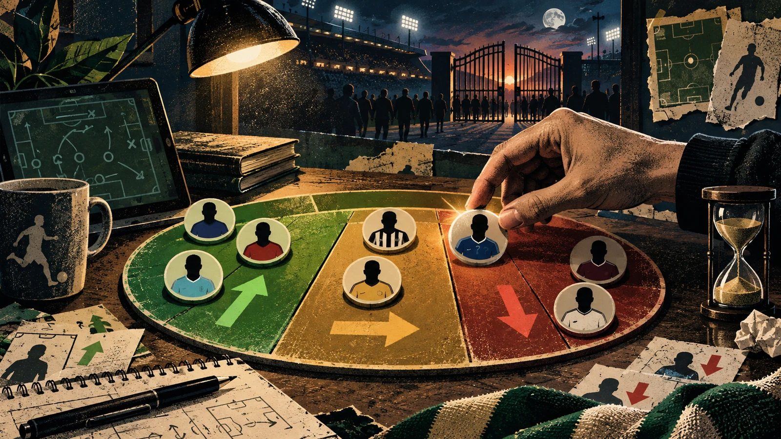 Illustrated fantasy manager weighing buy, hold and wait routes against a closing transfer deadline