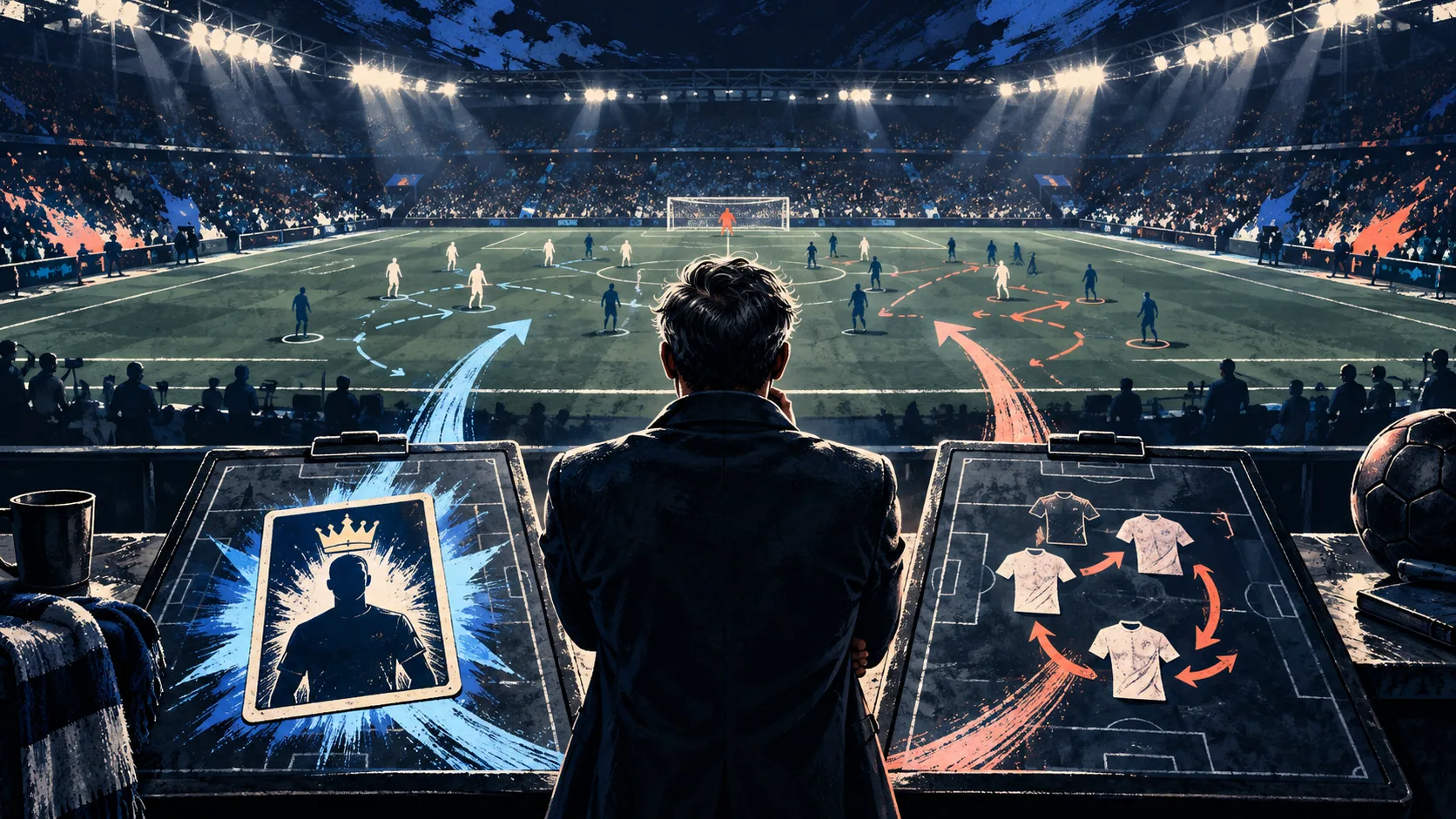 An illustrated manager facing a floodlit pitch with a player card and several transfer arrows on two clipboards