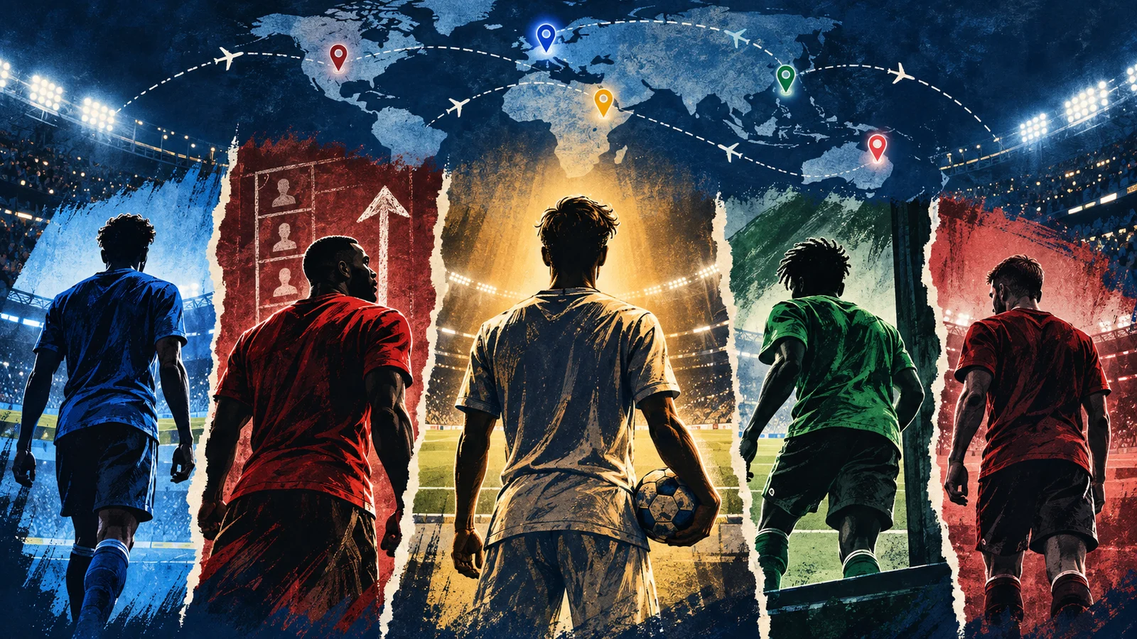 Five footballers entering an international stadium beneath a world map and travel routes