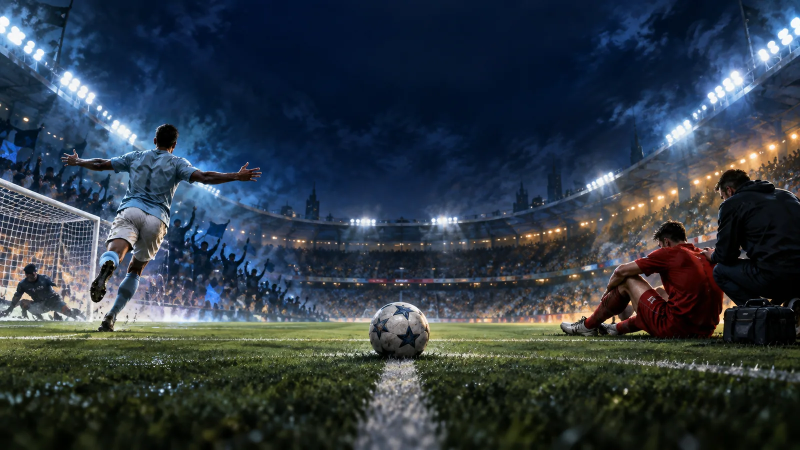 Illustrated football stadium with a scorer celebrating at one end and a player receiving attention at the touchline