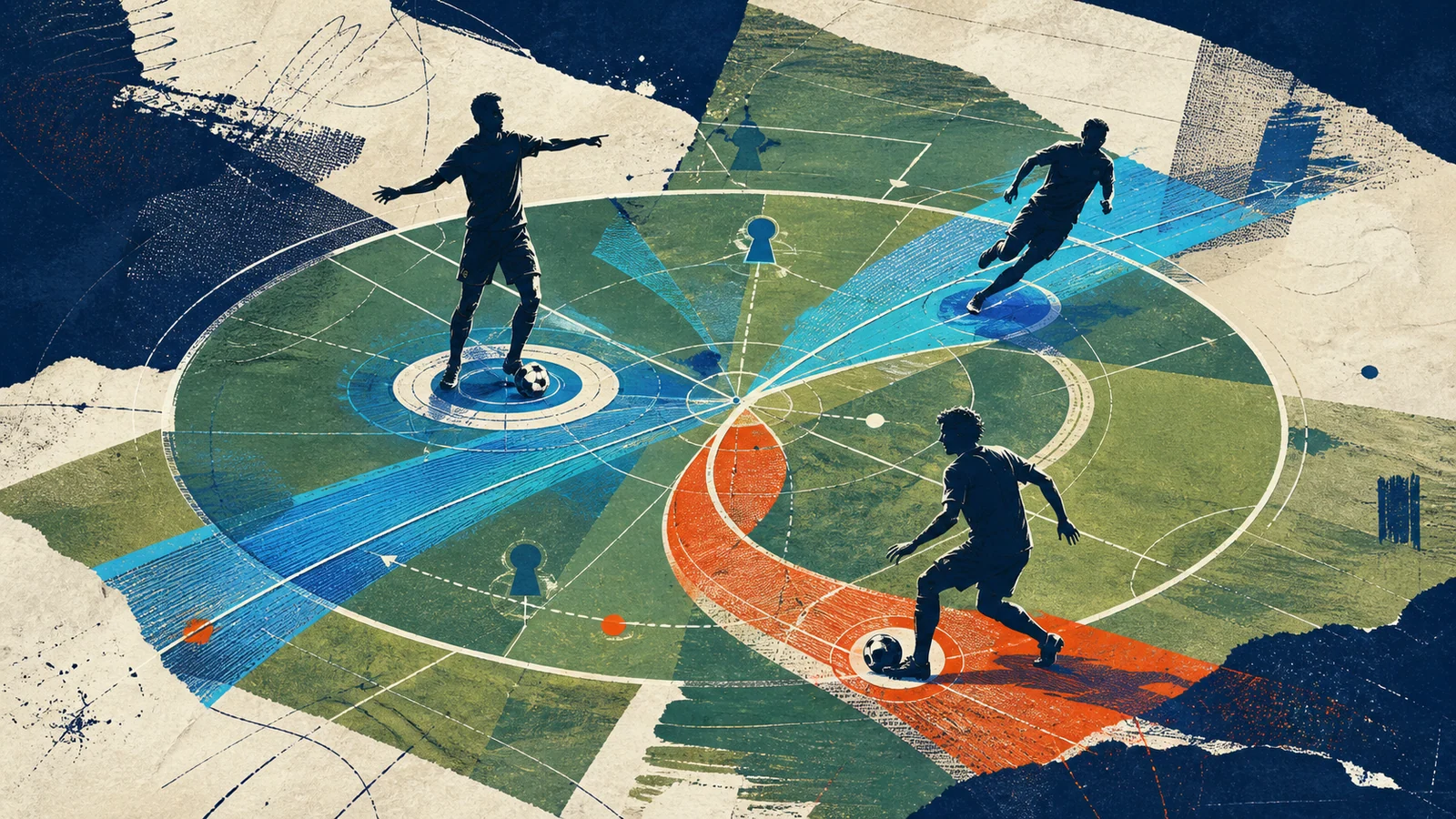 Illustrated midfielders weaving creative and attacking routes through the centre circle