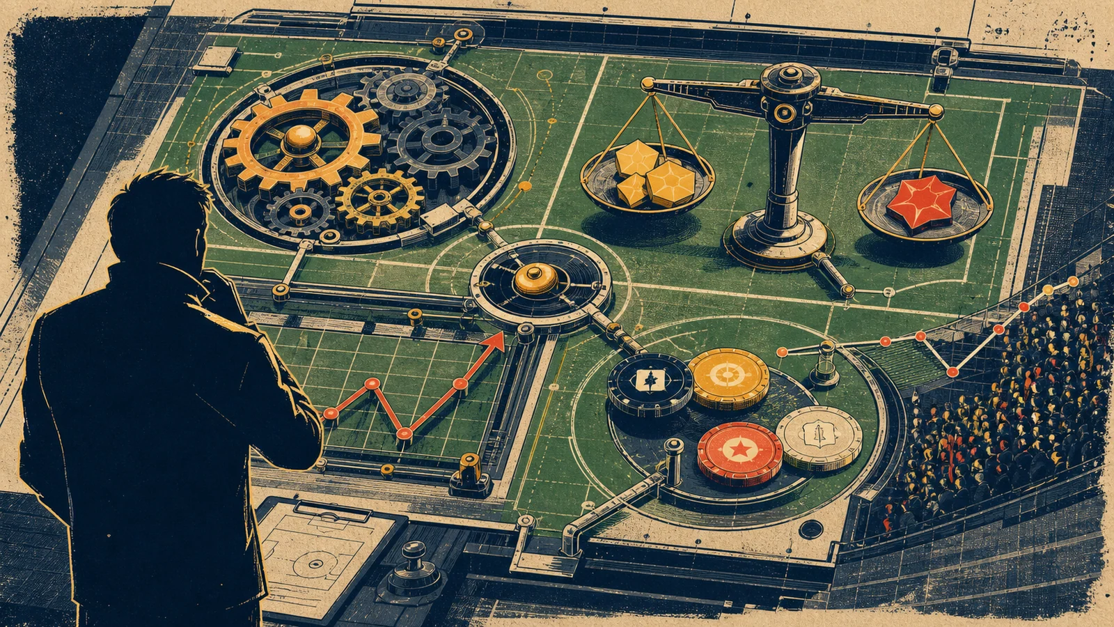 Illustrated football rulebook machine with bonus, price, chip and rank mechanisms