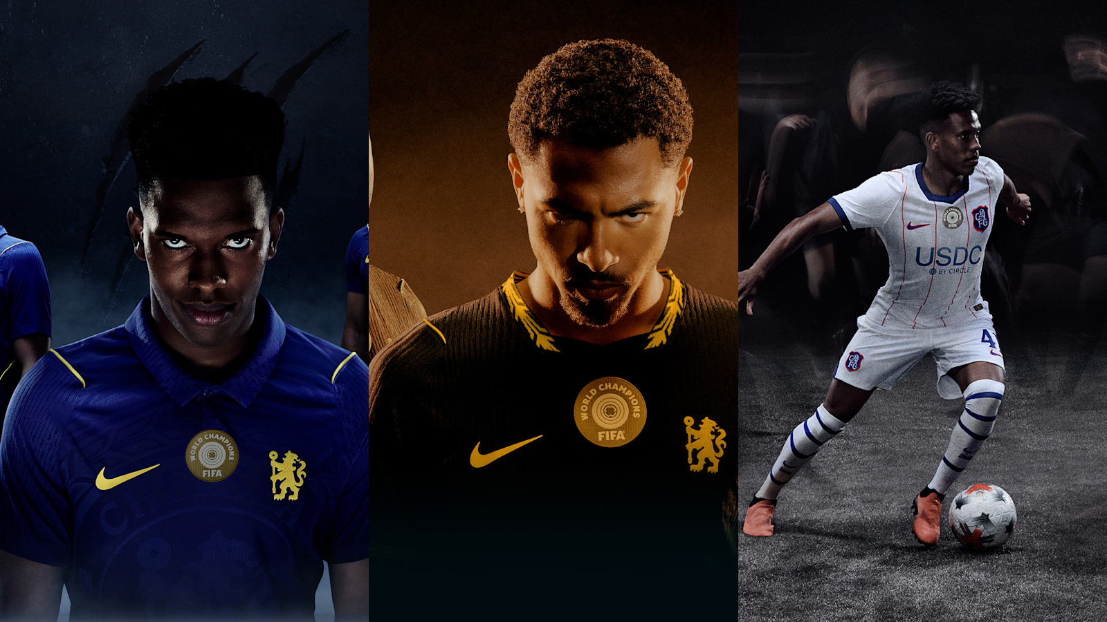Official Chelsea 2026/27 home, away and third-kit launch photography presented in three panels.