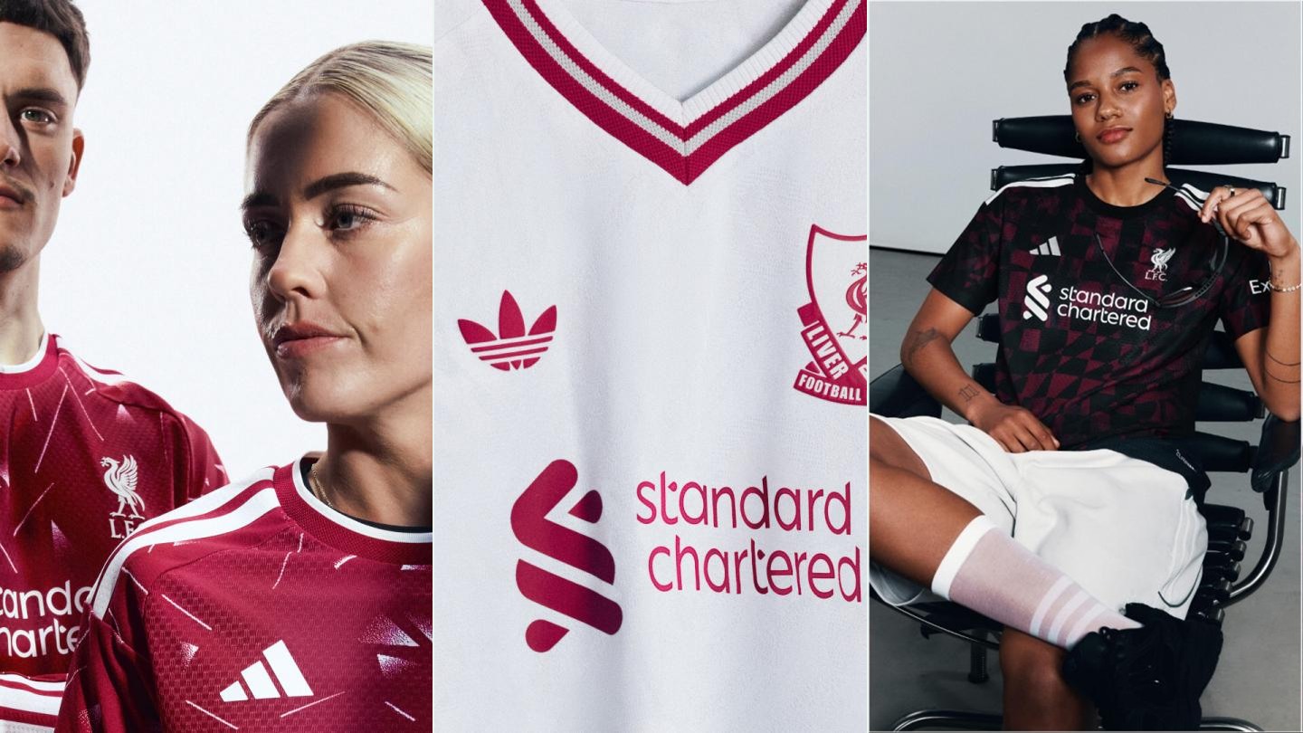 Official Liverpool 2026/27 home, away and third-kit campaign photography presented in three panels.