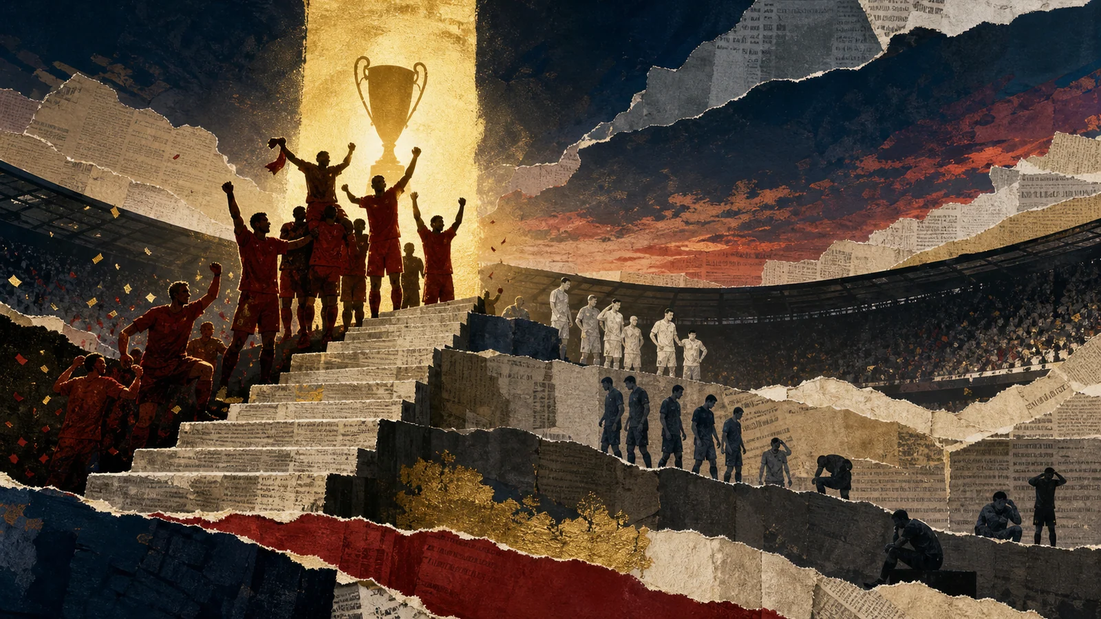 Illustrated title celebration rising above the Premier League season storylines