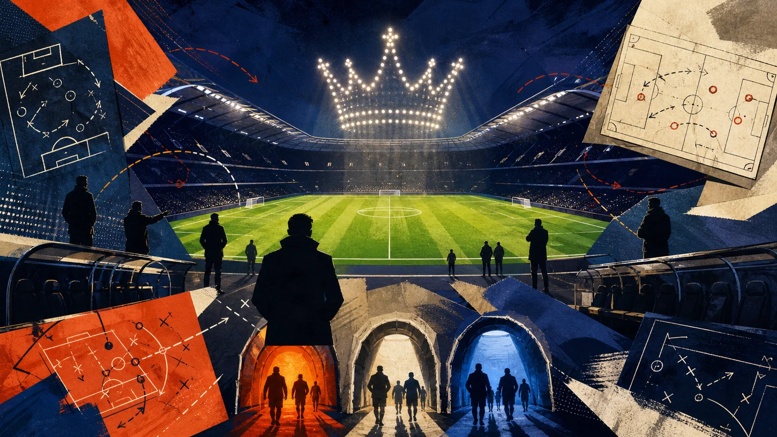 Illustrated stadium with new managers, promoted-team tunnels and a crown of floodlights