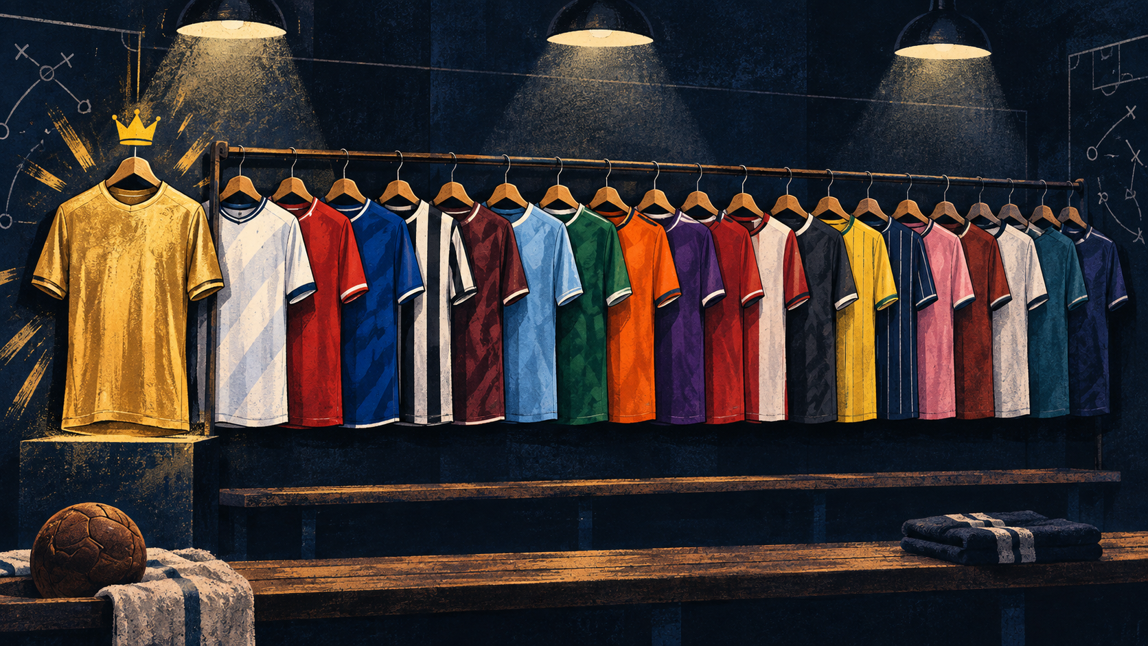 An original editorial illustration of a ranked row of unbranded football shirts in a navy dressing room.
