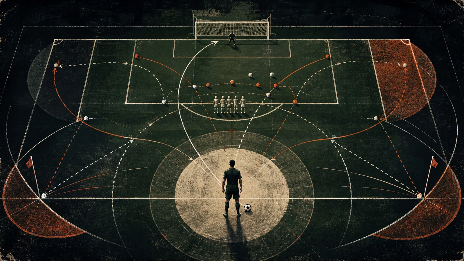 Illustrated penalty area with intersecting penalty, corner and free-kick trajectories