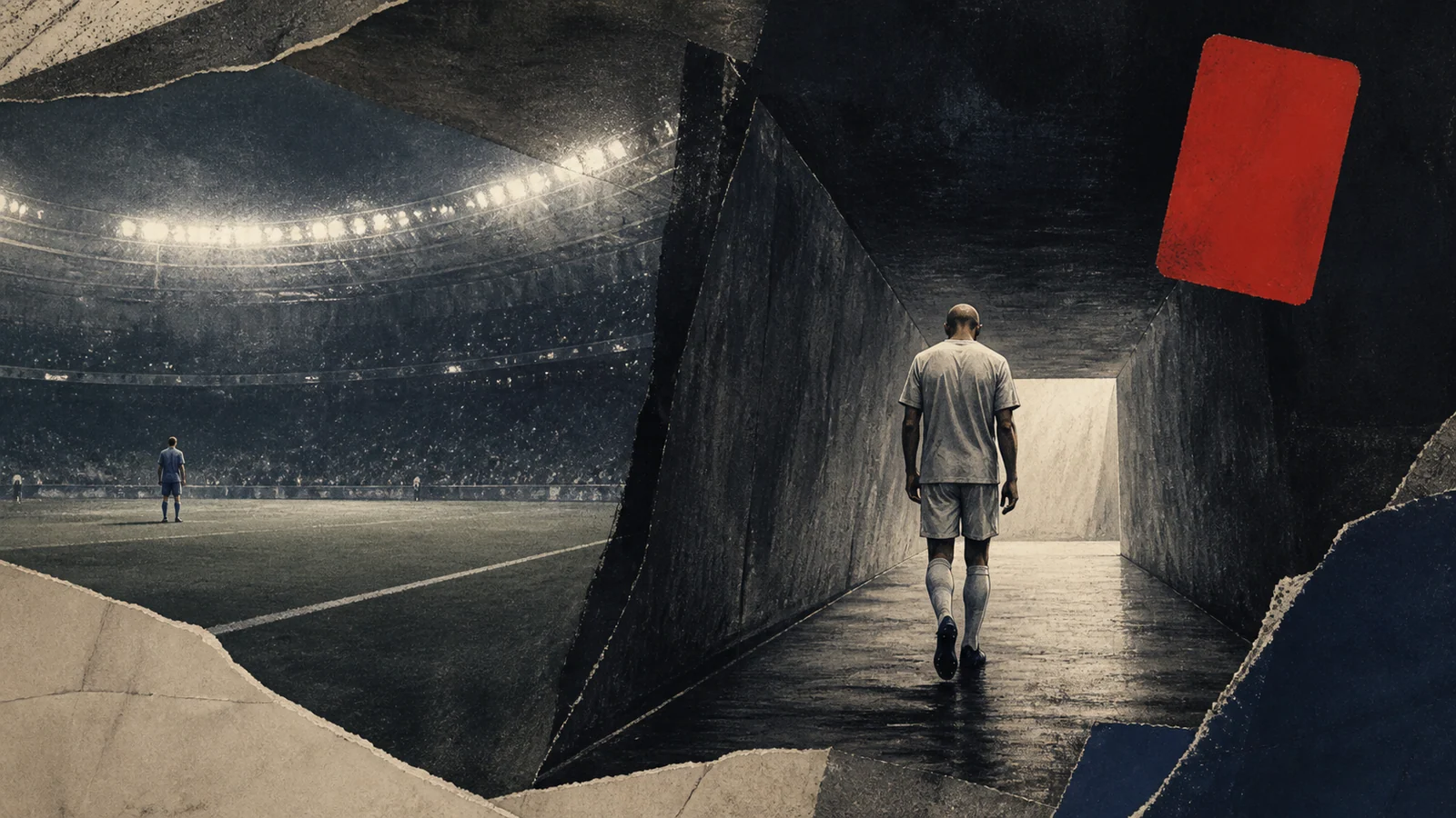 Illustrated footballer walking alone toward the tunnel beneath an abstract red card