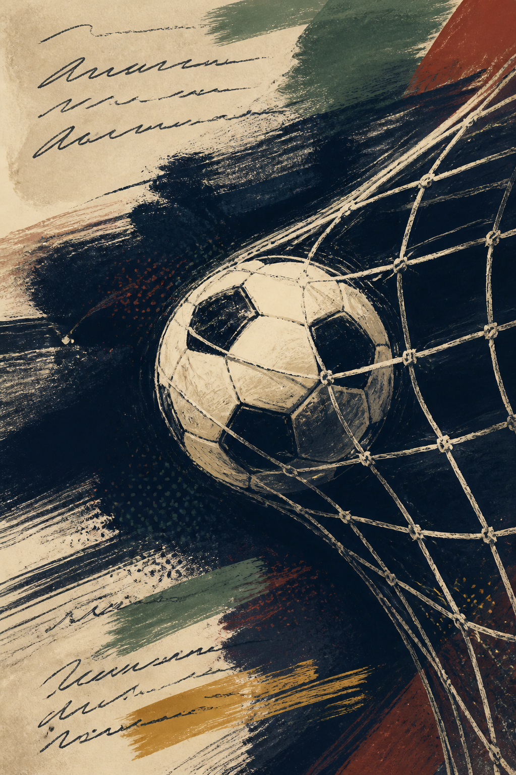 Illustrated football caught in a goal net against dark brushstrokes