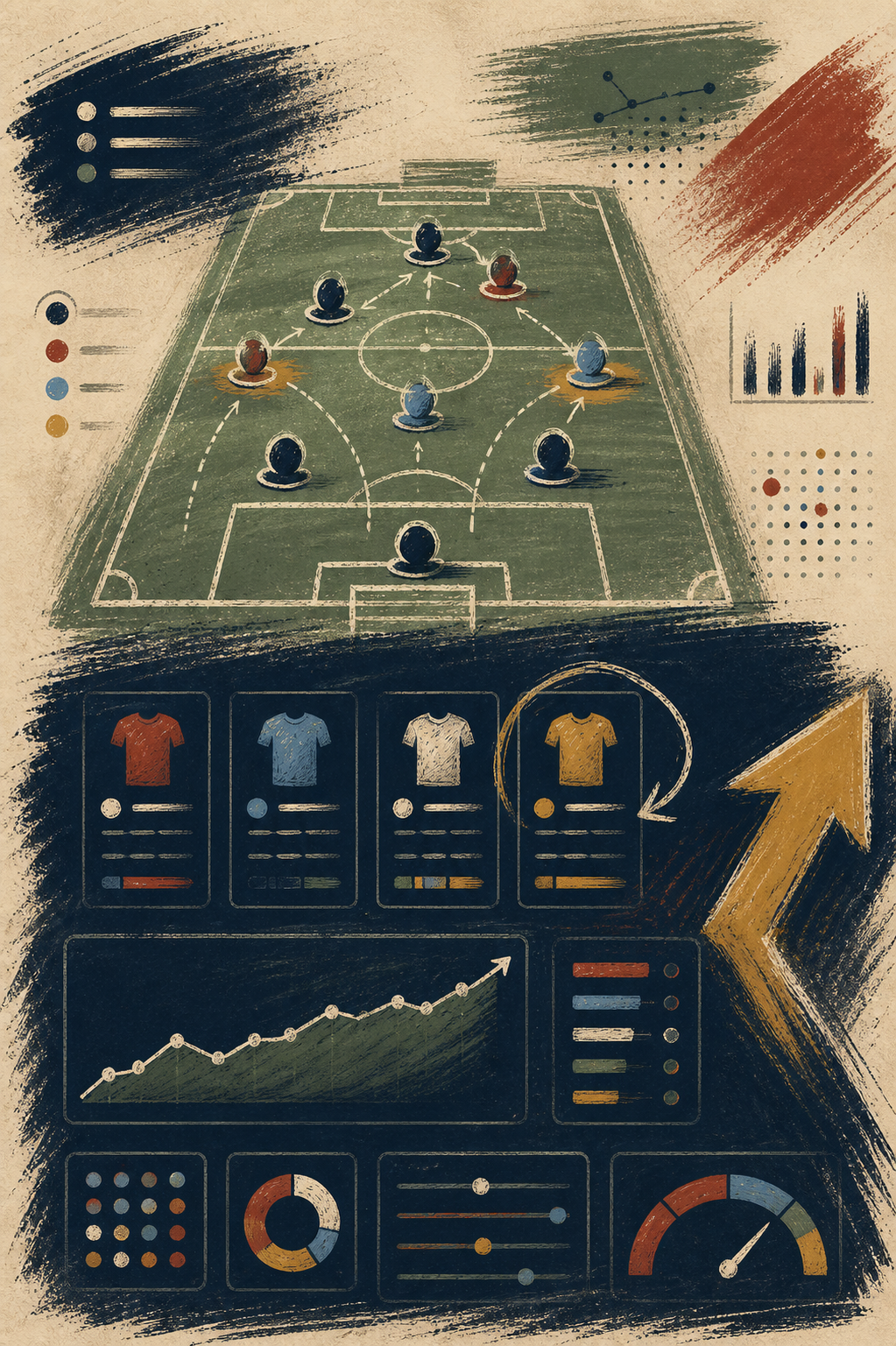 Hand-drawn FPL dashboard illustration with player recommendations, a pitch, and rising score signals