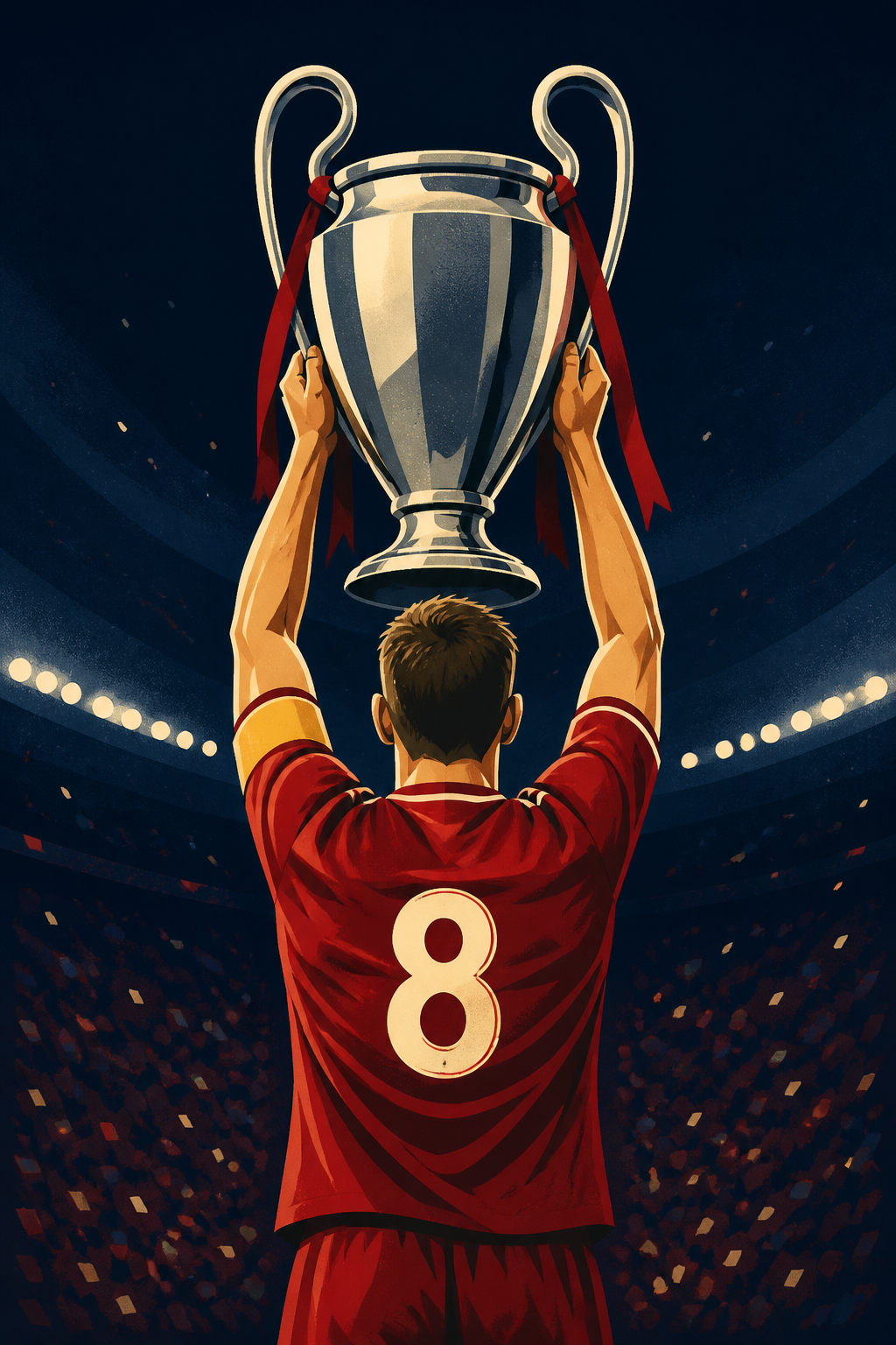 Faceless vector-style illustration of a number eight captain lifting a European trophy