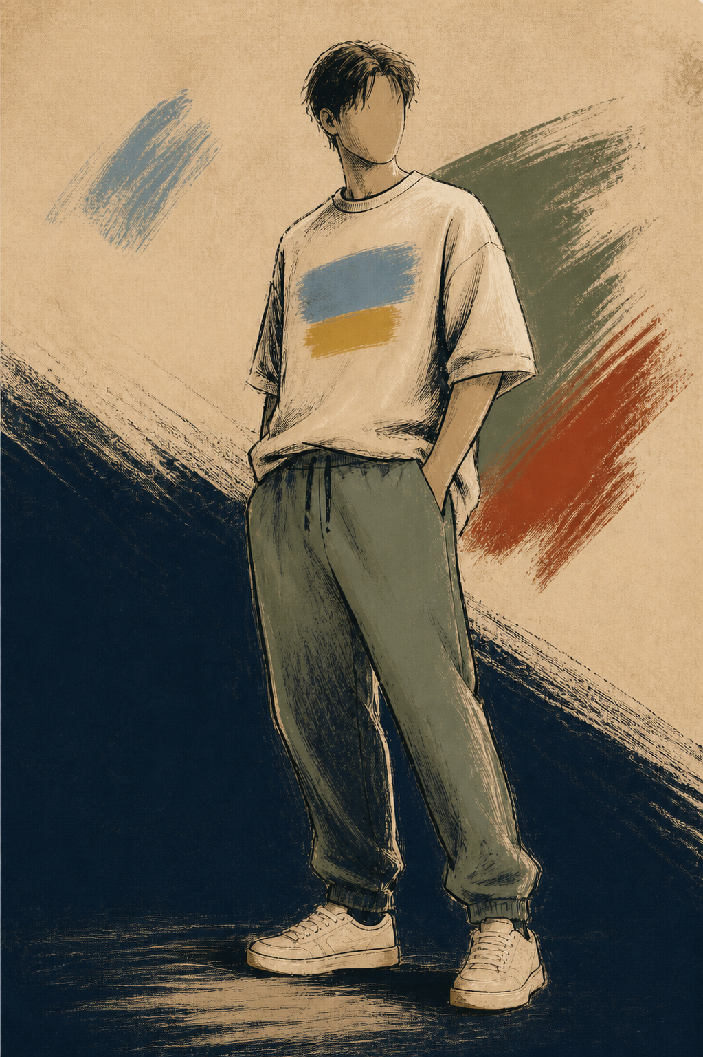 Brushstroke fashion sketch of a casually standing model in understated football-inspired streetwear