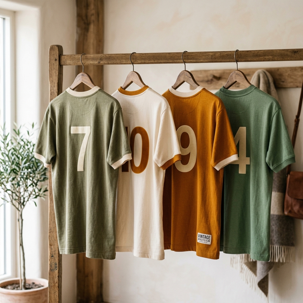 Four retro-inspired football shirts hanging on a wooden rail