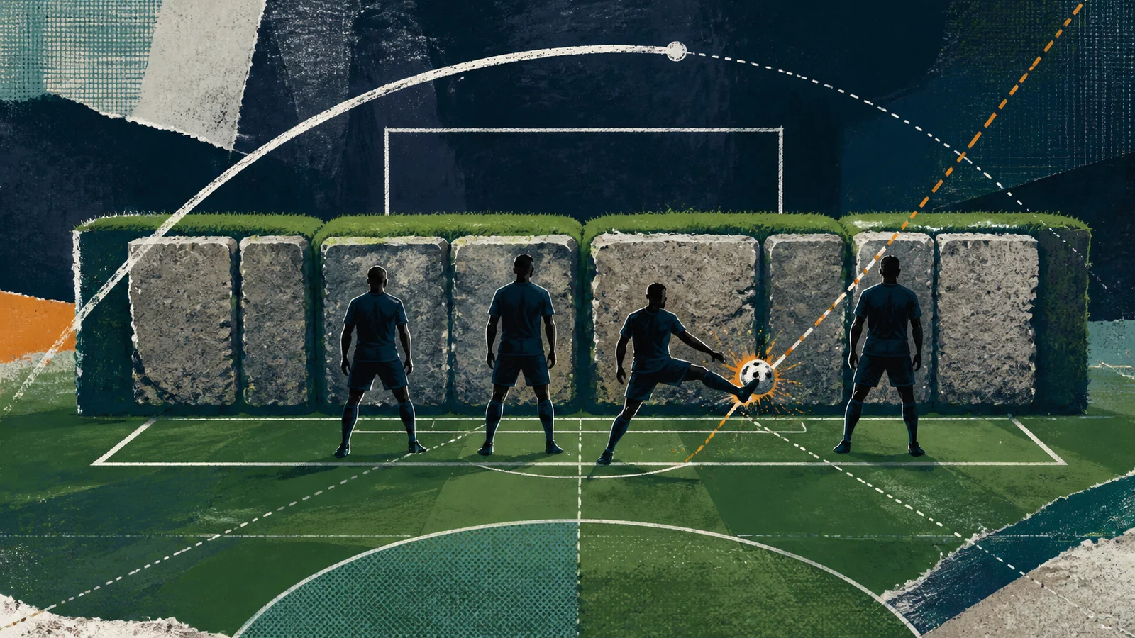 Illustrated defensive wall and four-player line blocking passing routes