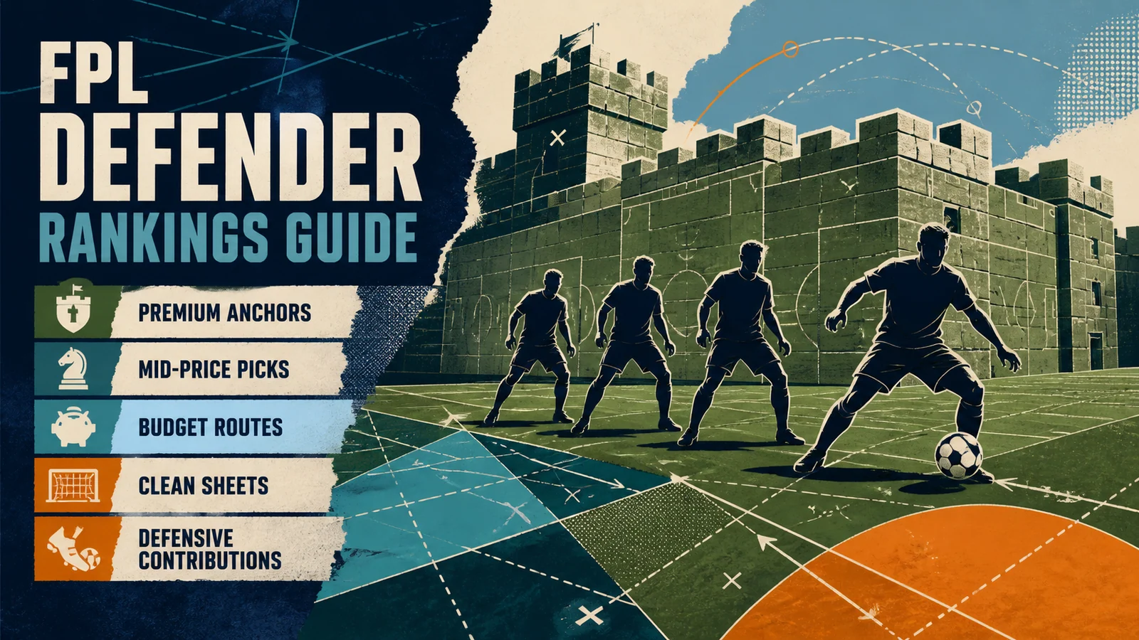 Illustrated FPL defender guide showing premium anchors, mid-price picks, budget routes, clean sheets and defensive contributions