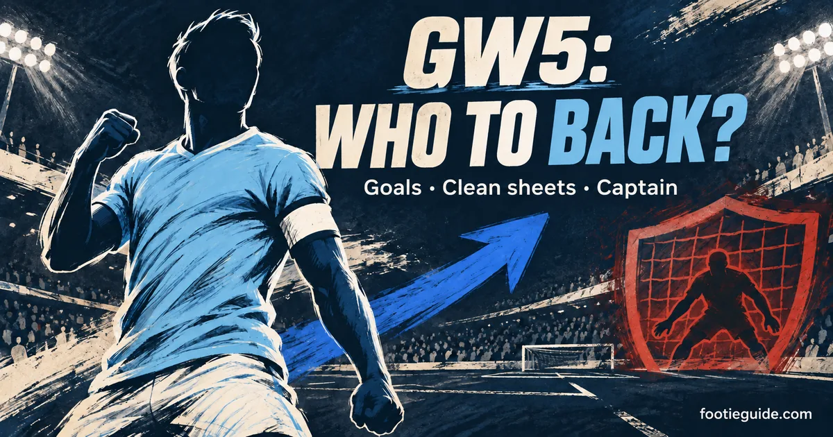 FPL Gameweek 5 illustration with a captain's armband, attacking arrow and defensive shield.