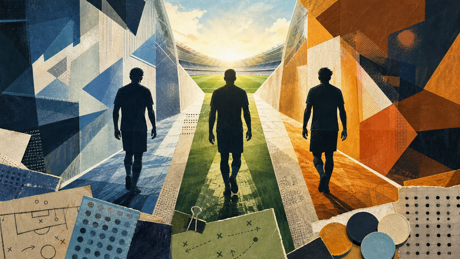 Three illustrated promoted players emerging from separate tunnels toward the Premier League