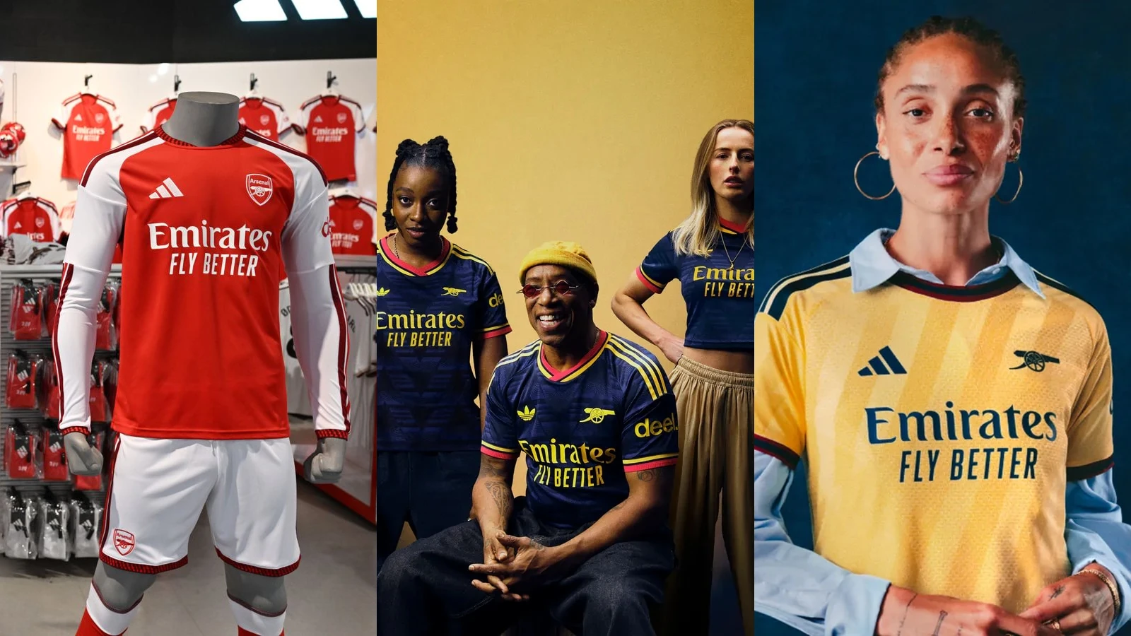 Official Arsenal 2026/27 home, away and third-kit launch photography presented in three panels.